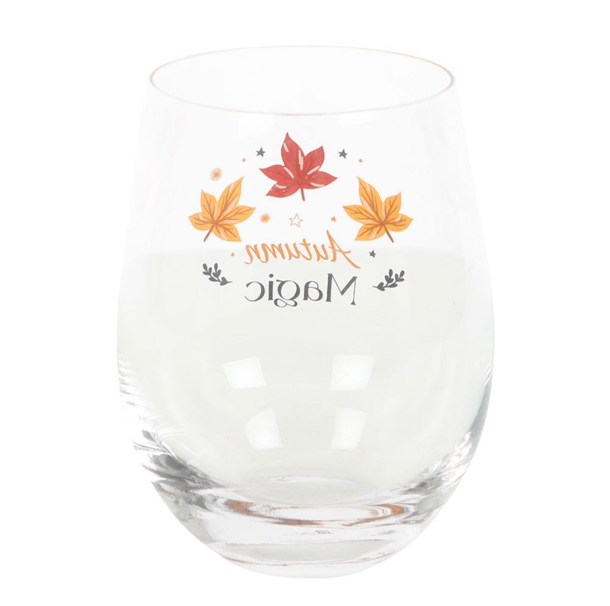 Autumn Magic Stemless Wine Glass back view on white background