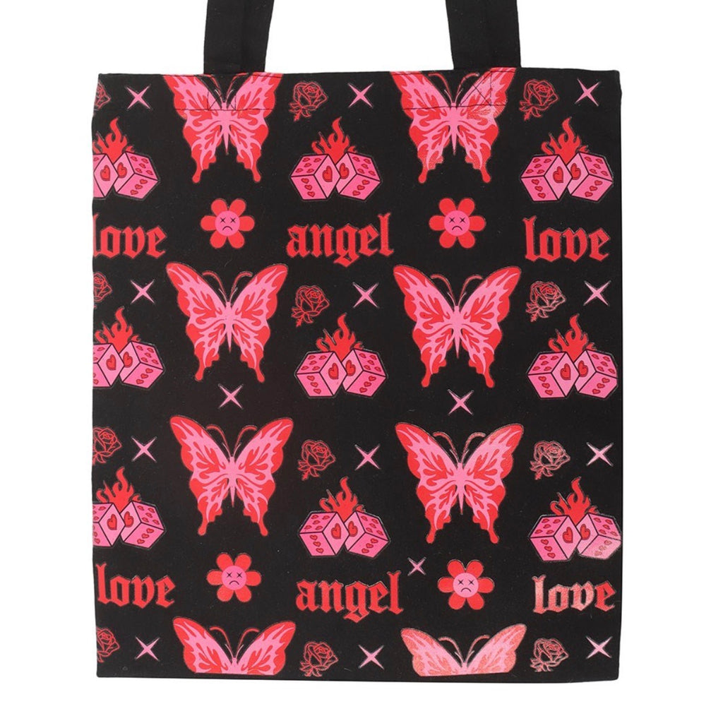 Flaming Butterfly Tote Bag close up of all-over print detail