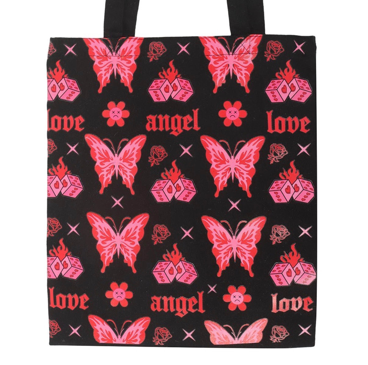 Flaming Butterfly Tote Bag close up of all-over print detail