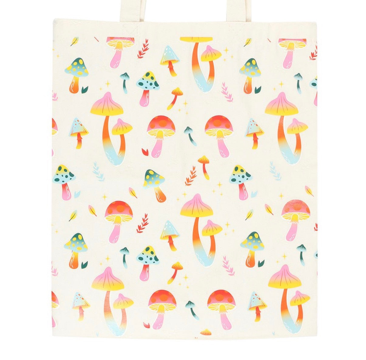 Funky Fungi Mushroom Print Tote Bag front view on white background showing full print
