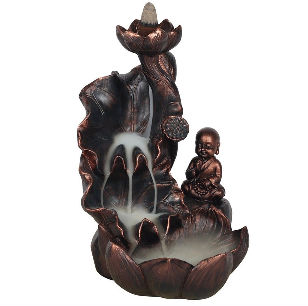 Little Monk & Lotus Backflow Incense Burner with smoke waterfall effect lit