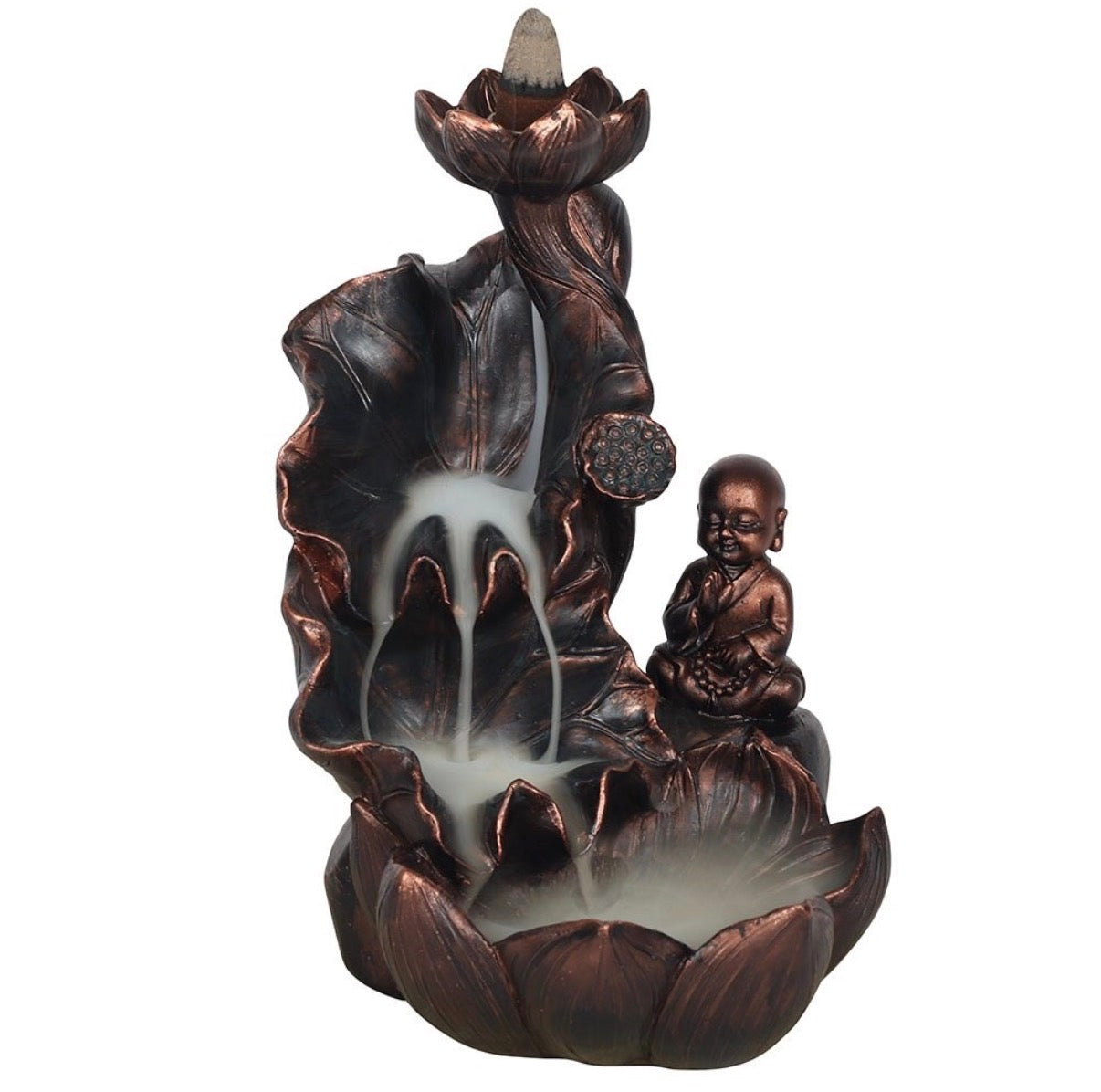 Little Monk & Lotus Backflow Incense Burner with smoke waterfall effect lit
