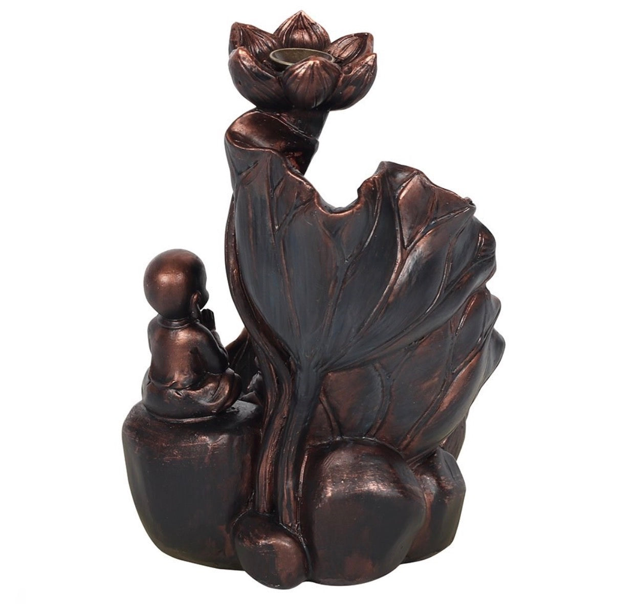 Little Monk & Lotus Backflow Incense Burner back view showing cone holder detail