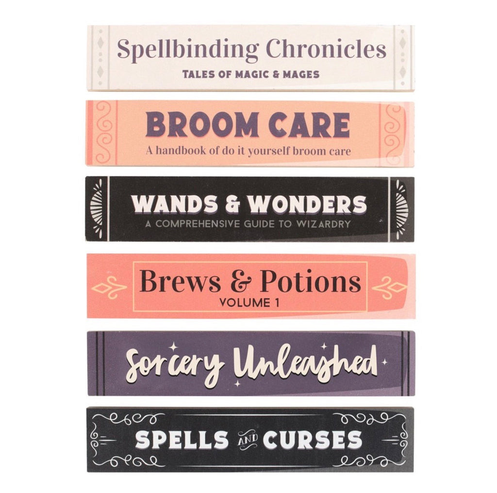 Witchy Book Spine Bookmarks Set of 6 individual bookmarks laid flat showing all titles