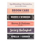 Witchy Book Spine Bookmarks Set of 6 individual bookmarks laid flat showing all titles