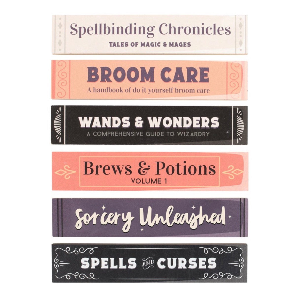 Witchy Book Spine Bookmarks Set of 6 individual bookmarks laid flat showing all titles