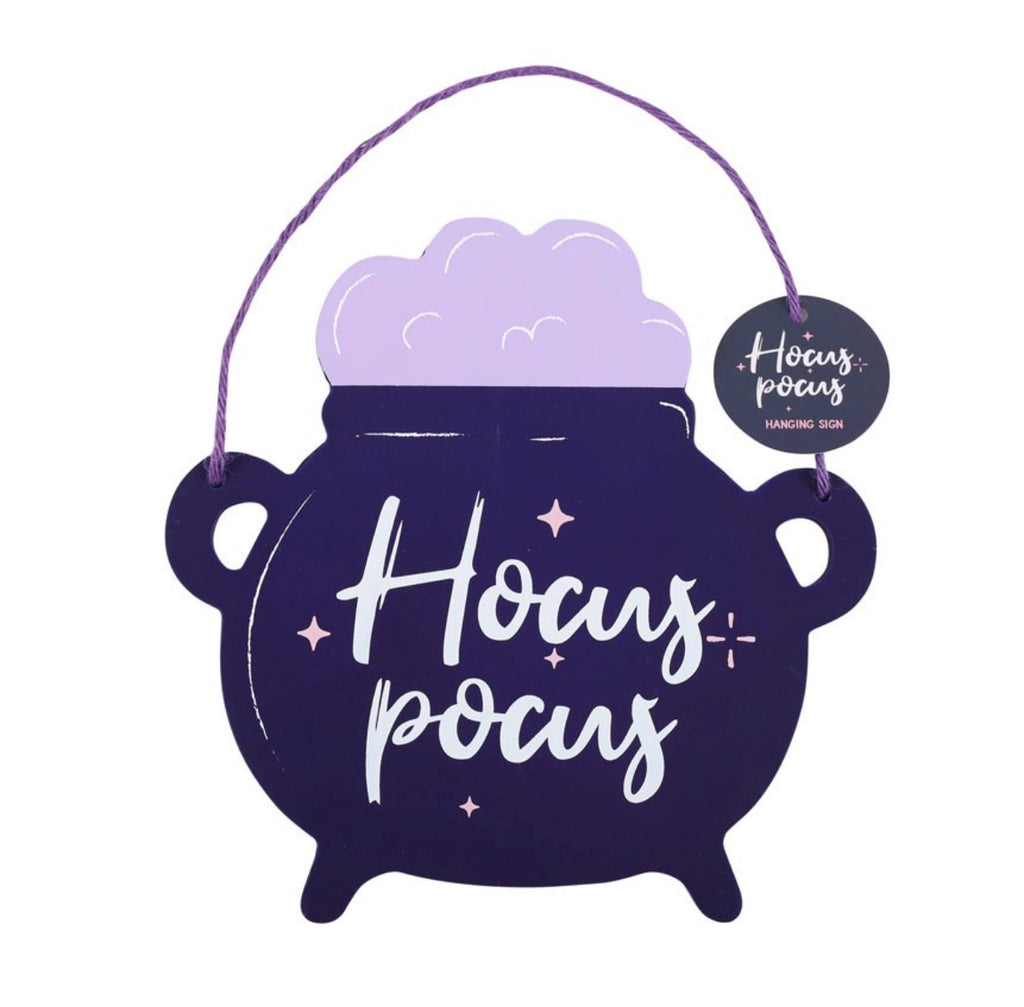 Hocus Pocus Cauldron Hanging Sign front view on white background with product tag