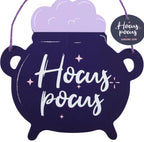 Hocus Pocus Cauldron Hanging Sign close up of Hocus Pocus script and sparkle detail