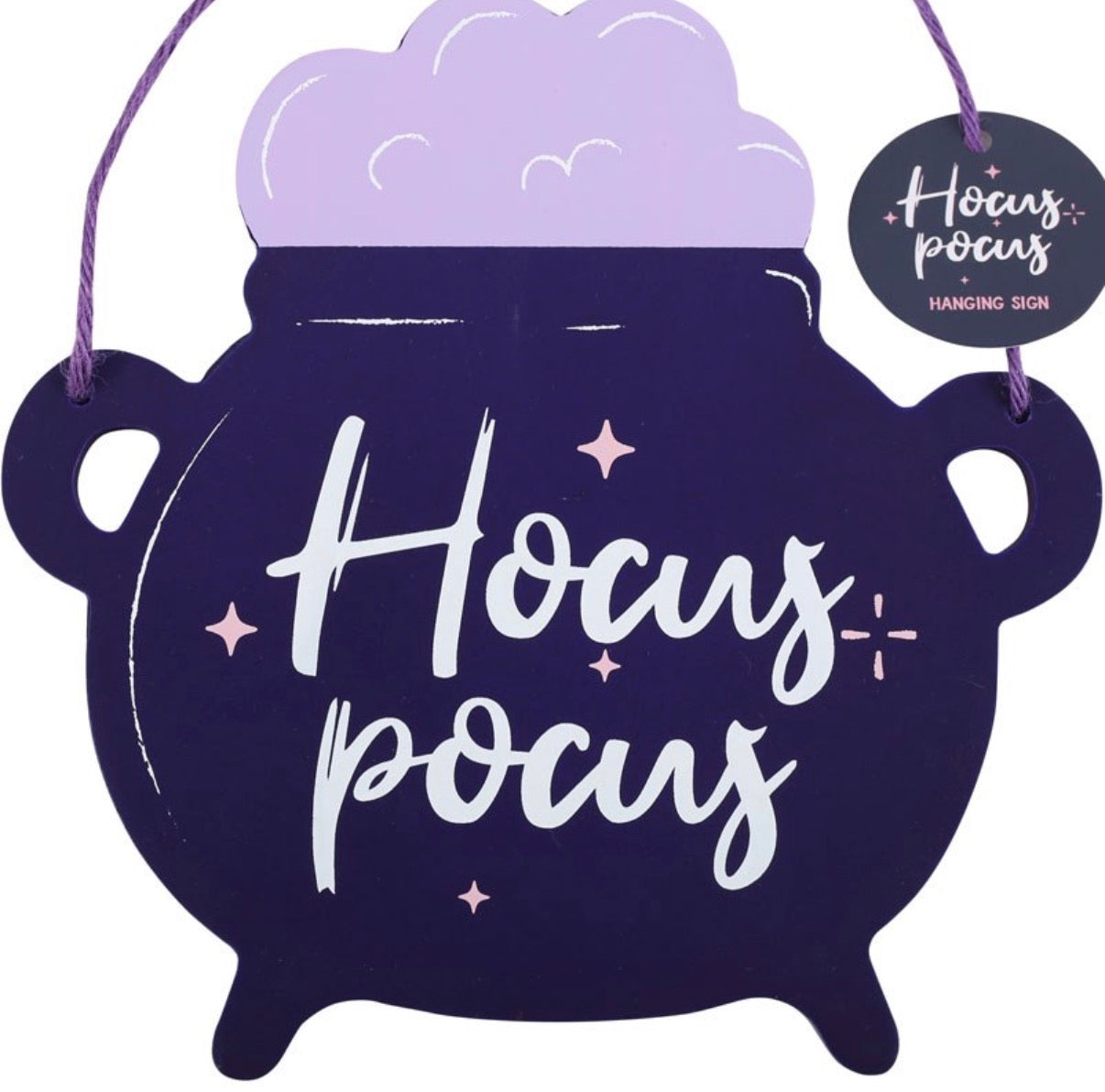 Hocus Pocus Cauldron Hanging Sign close up of Hocus Pocus script and sparkle detail