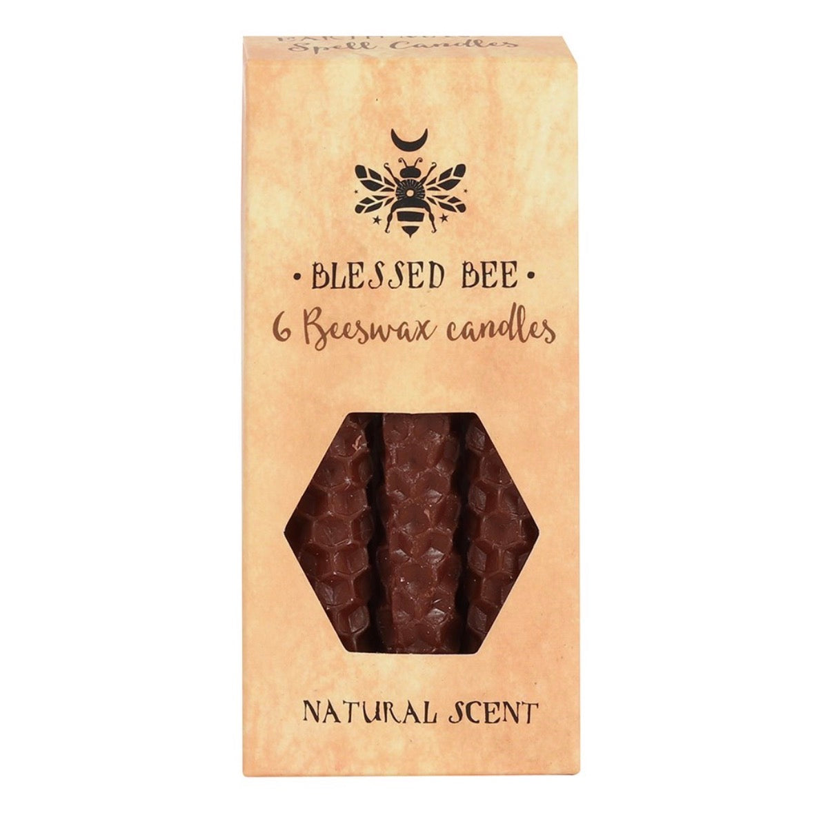 Blessed Bee 6 Beeswax Spell Candles kraft box straight front view