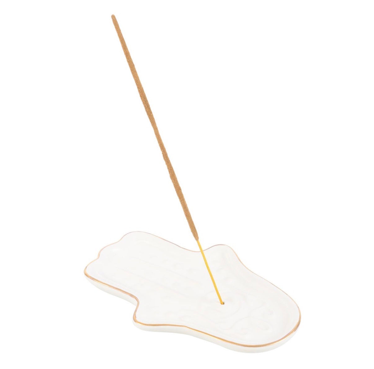 Hamsa Hand Incense Stick Holder side view with incense stick on white background
