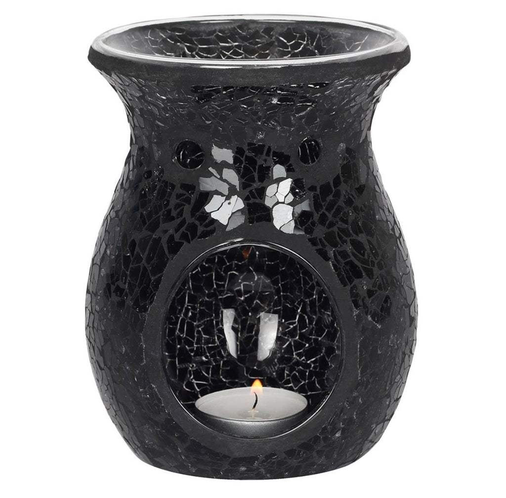 Black Crackle Mosaic Glass Oil Burner front view lit on white background