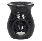 Black Crackle Mosaic Glass Oil Burner front view lit on white background