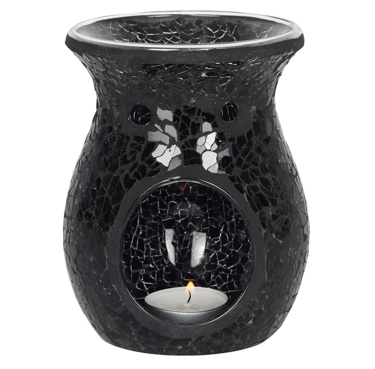 Black Crackle Mosaic Glass Oil Burner front view lit on white background