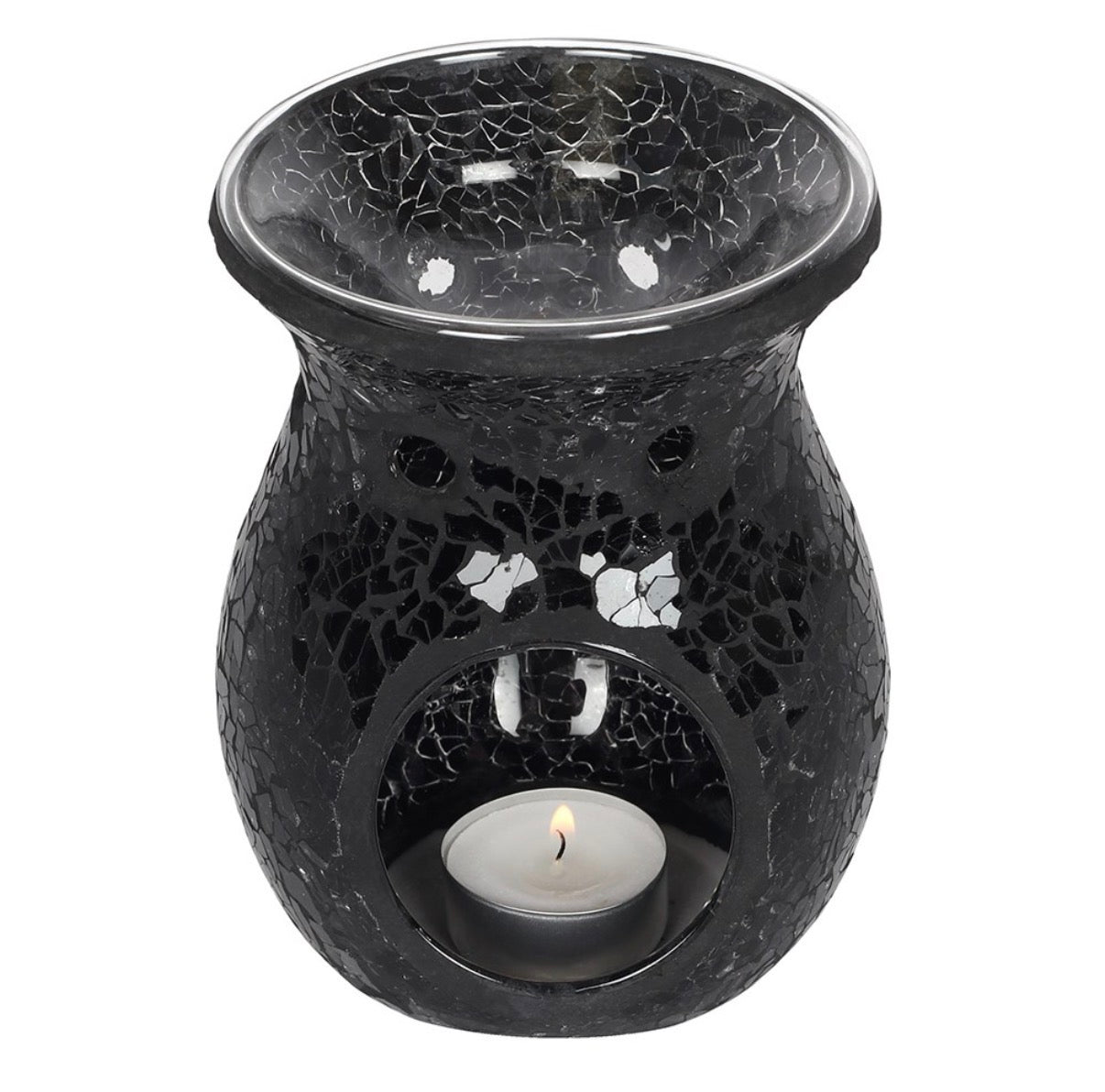 Black Crackle Mosaic Glass Oil Burner top view showing wide dish and mosaic detail