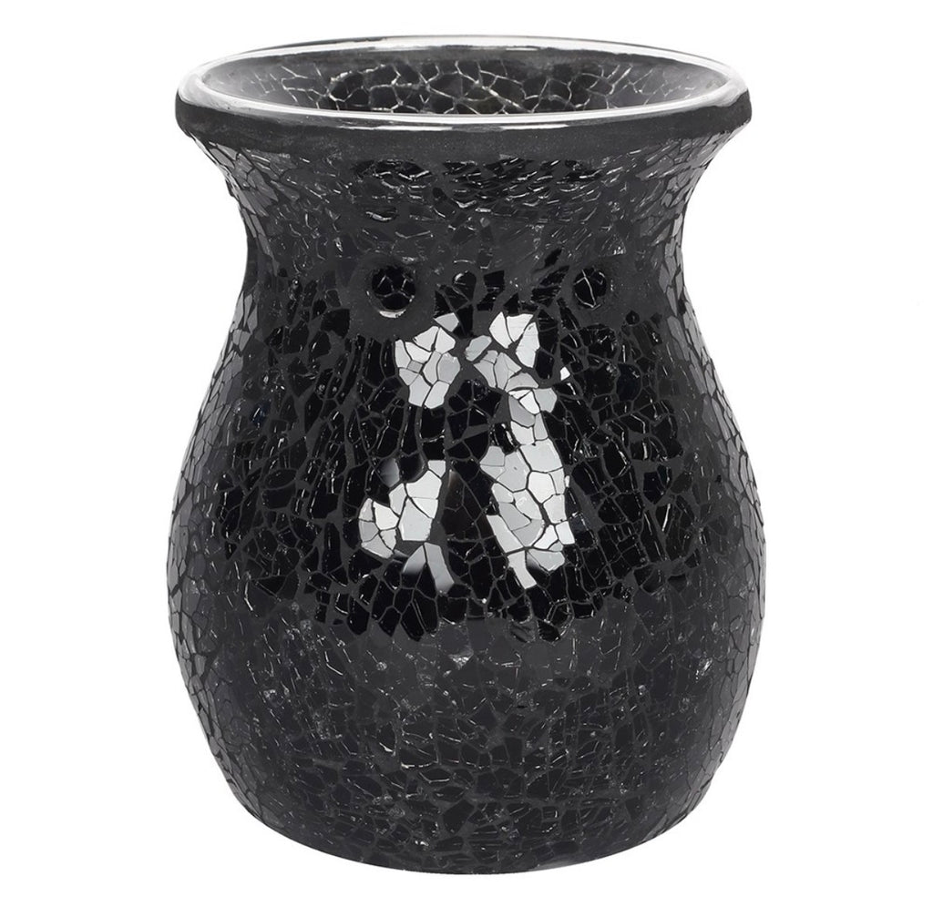 Black Crackle Mosaic Glass Oil Burner side view unlit showing full mosaic texture