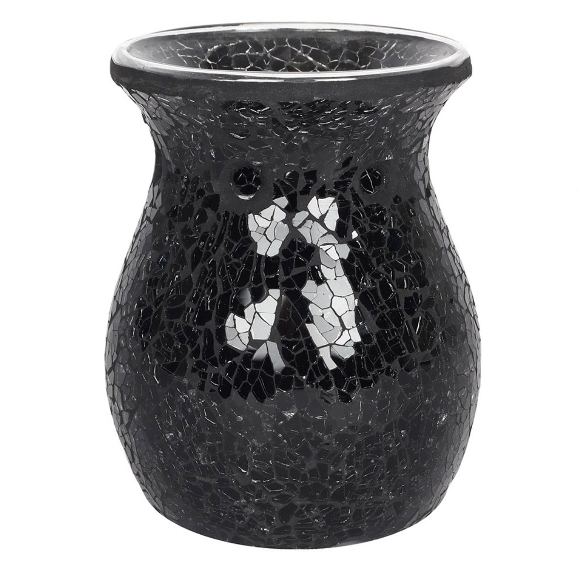 Black Crackle Mosaic Glass Oil Burner side view unlit showing full mosaic texture