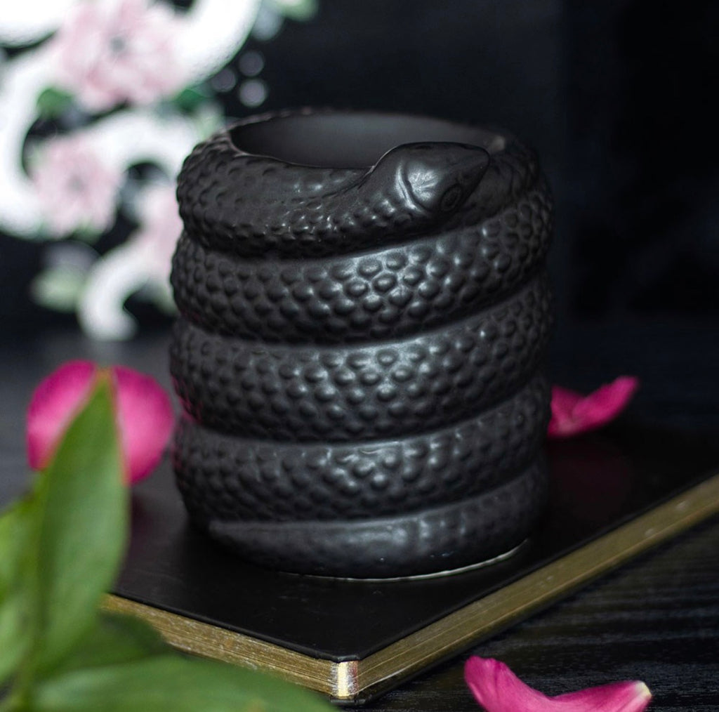 Serpentine Coiled Snake Oil Burner lifestyle shot on dark surface with pink flowers and petals