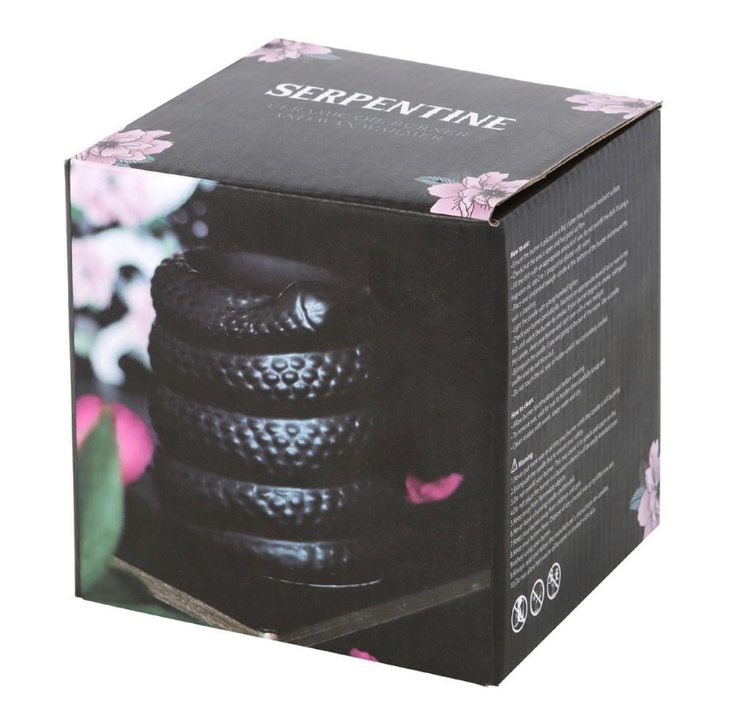 Serpentine Coiled Snake Oil Burner in dark floral Serpentine gift box packaging