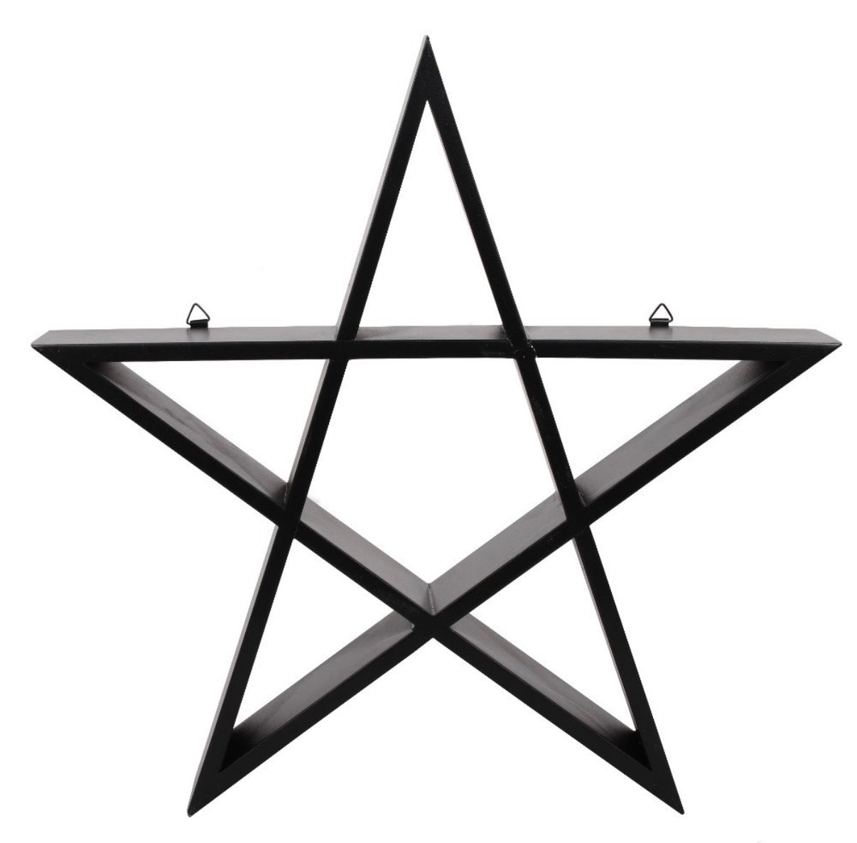 Black Pentagram Wall Shelf front view on white background showing hanging brackets
