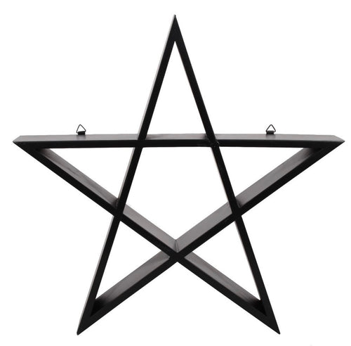 Black Pentagram Wall Shelf front view on white background showing hanging brackets