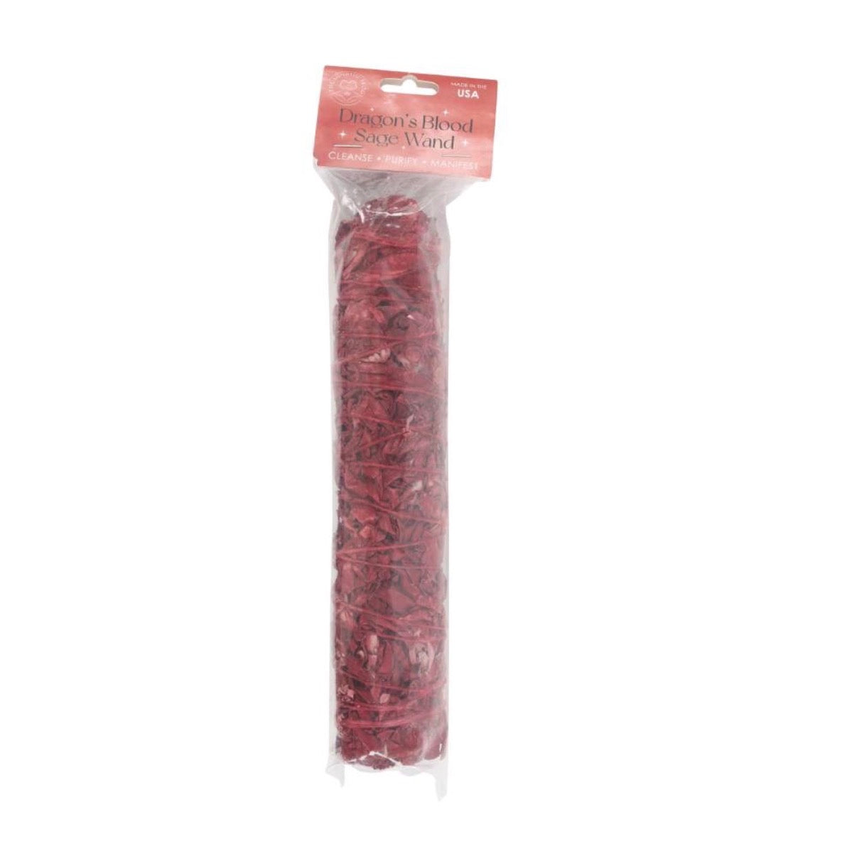 Dragon's Blood Sage Wand in clear packaging with Dragon's Blood Sage Wand label