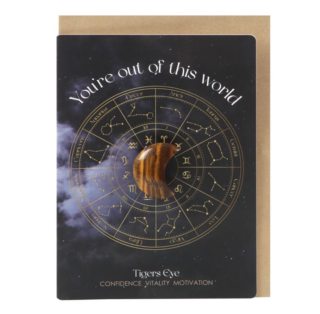 Tigers Eye Crescent Moon Crystal Card front view with kraft envelope
