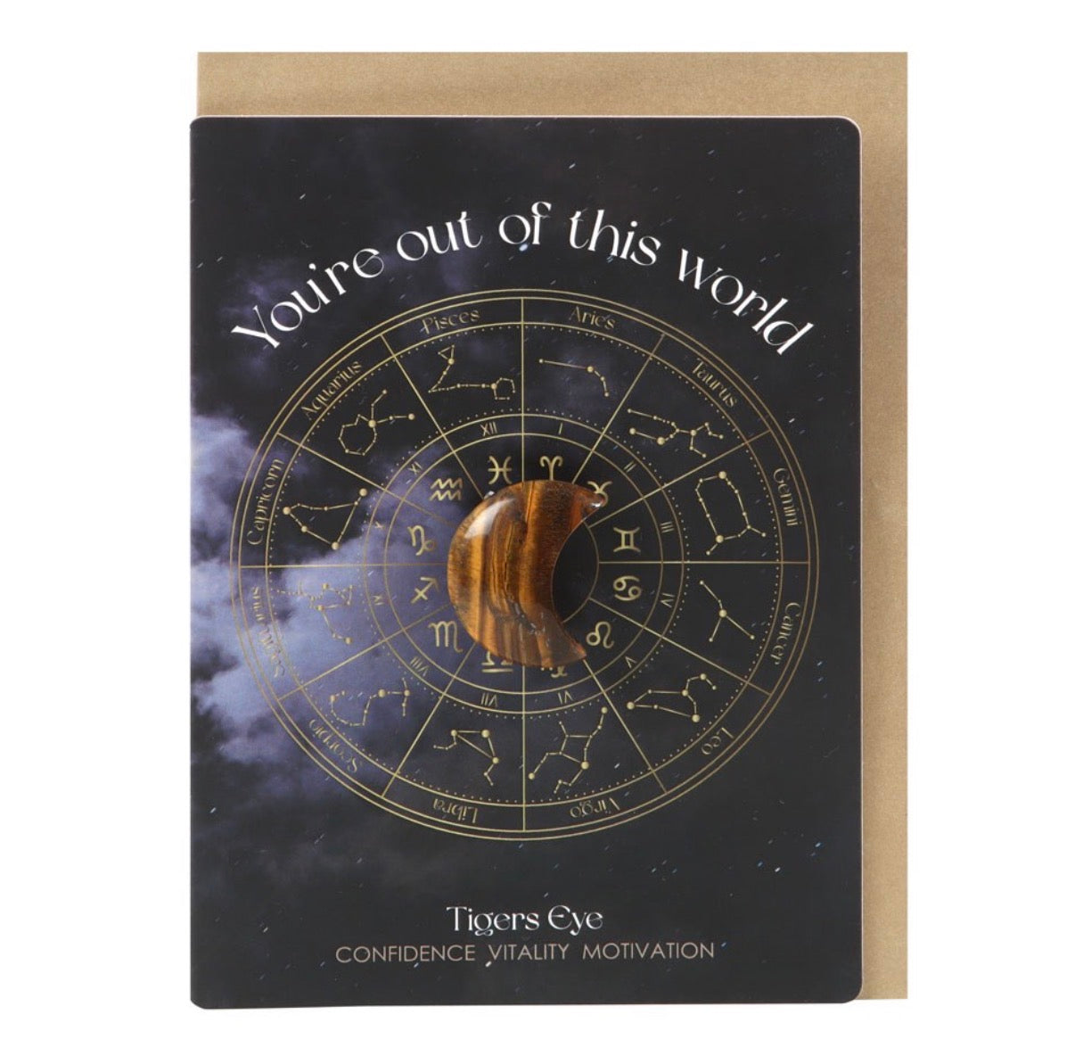 Tigers Eye Crescent Moon Crystal Card front view with kraft envelope