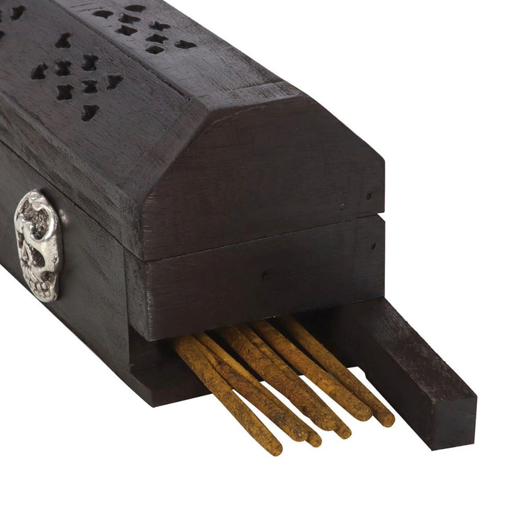 Werewolf Poison skull incense box - end detail with skull clasp and incense sticks