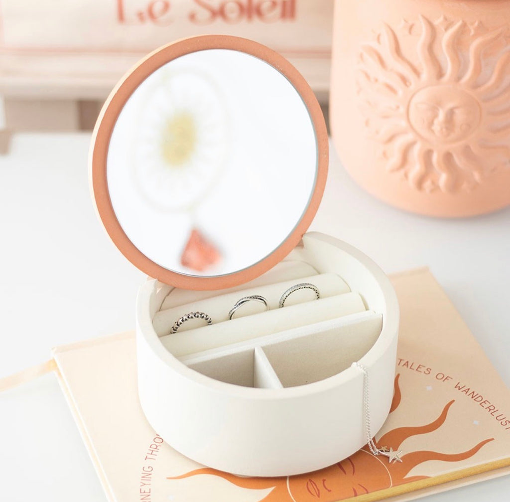 Golden Hour Sun Jewellery Box - open showing mirror and ring compartments