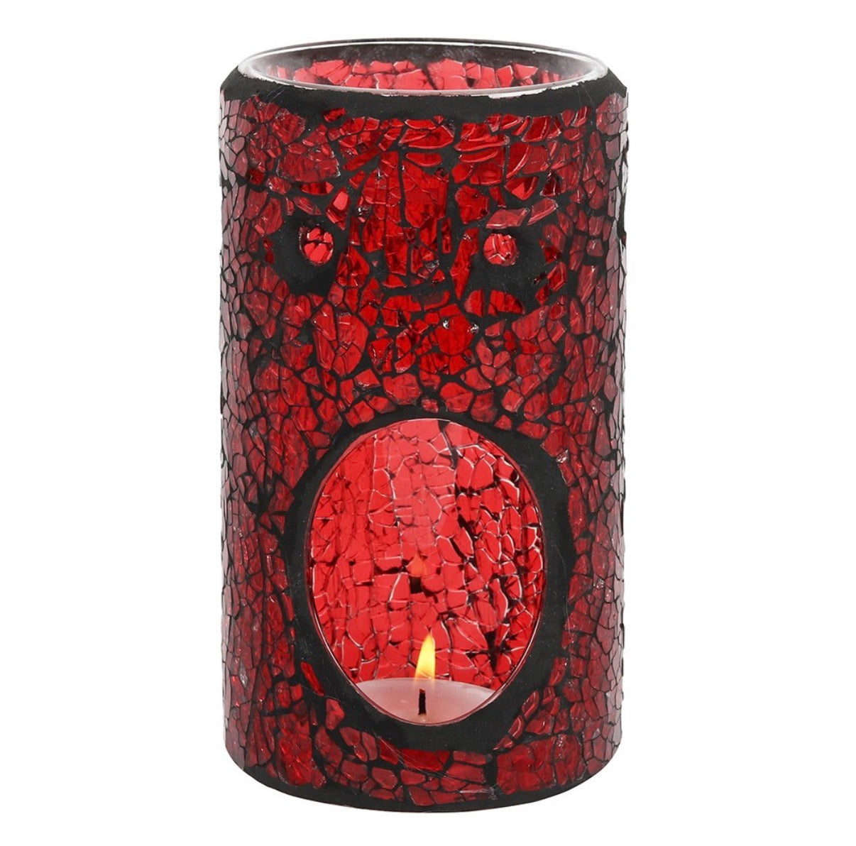 Red Pillar Crackle Glass Oil Burner - front view on white background
