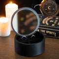 Ouija Board Round Jewellery Box with Mirror - open lifestyle shot with rings inside