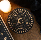 Ouija Board Round Jewellery Box with Mirror - close up of gold ouija board lid detail