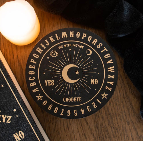 Ouija Board Round Jewellery Box with Mirror - close up of gold ouija board lid detail