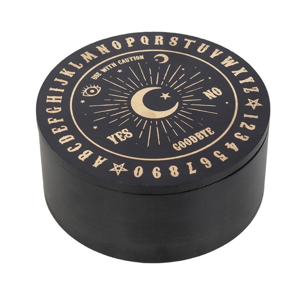 Ouija Board Round Jewellery Box with Mirror - closed on white background