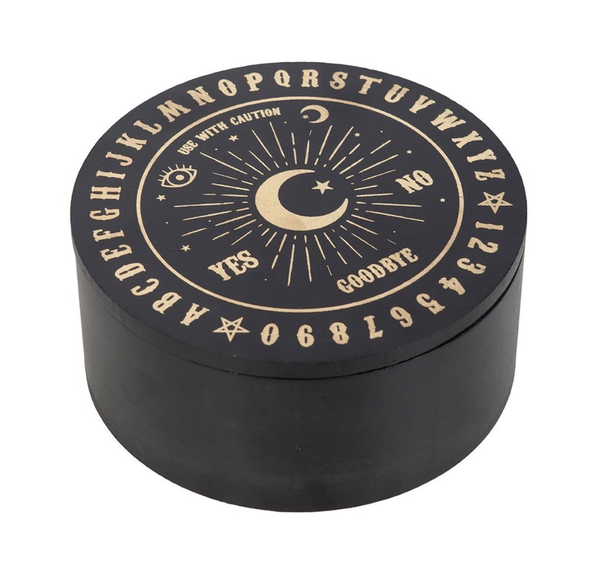 Ouija Board Round Jewellery Box with Mirror - closed on white background