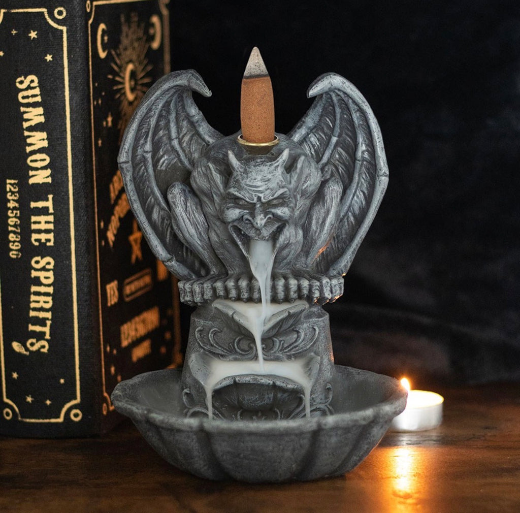 Gargoyle Backflow Incense Burner - lifestyle shot with smoke flowing