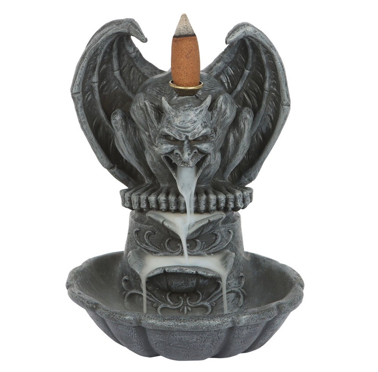 Gargoyle Backflow Incense Burner - front view with cone on white background