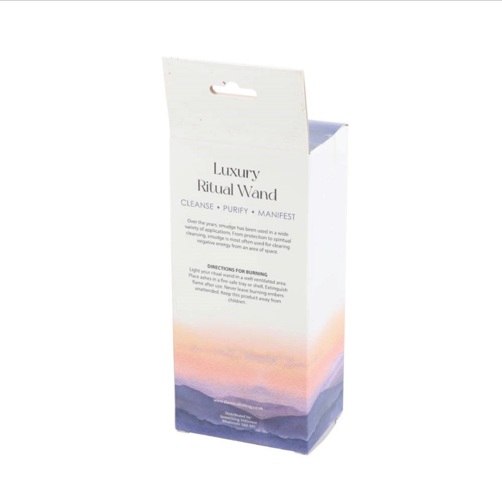 Luxury Ritual Wand Smudge Stick - back of gift box showing directions for burning