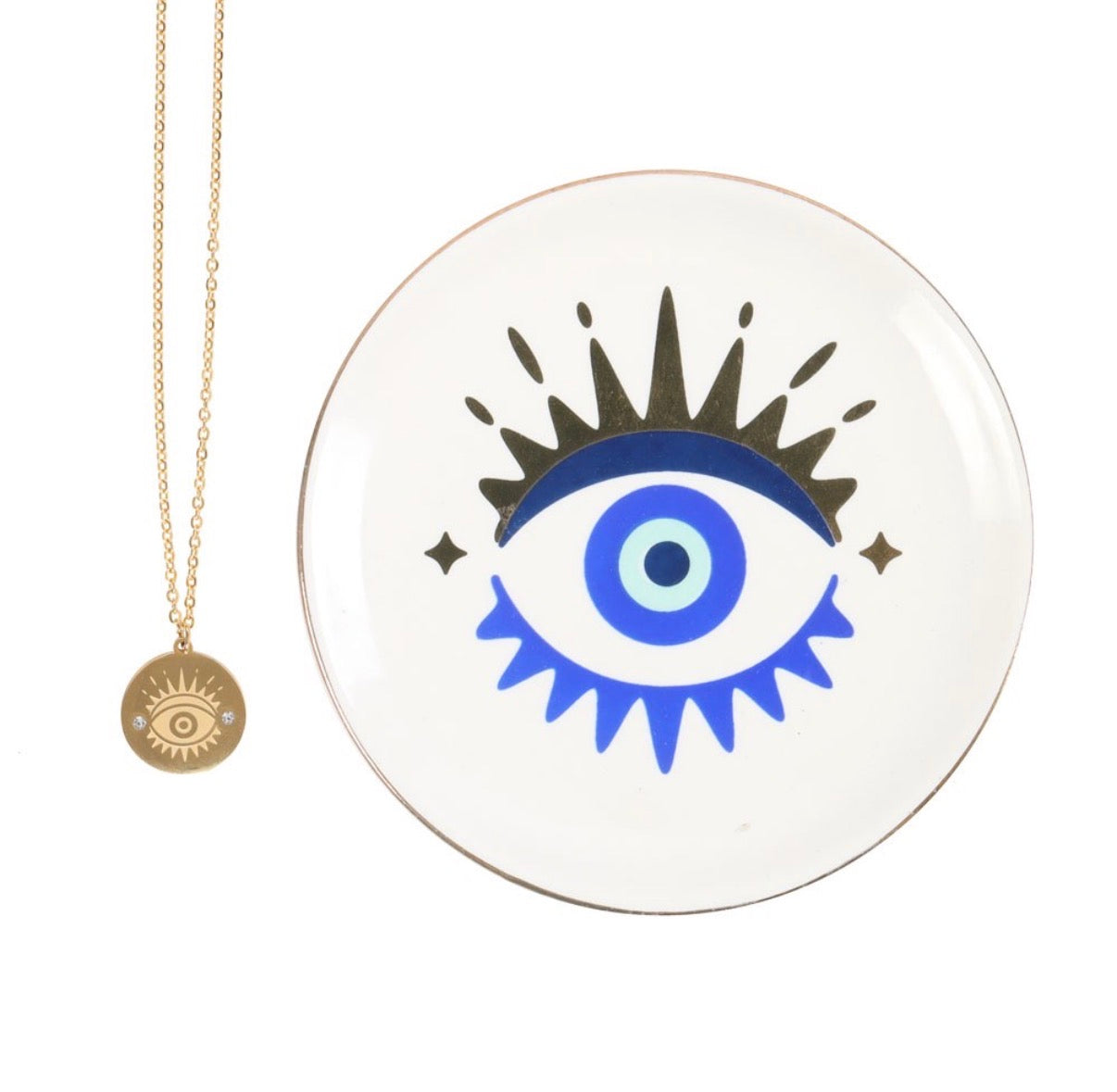All Seeing Eye Necklace and Jewellery Dish Gift Set - necklace and dish flat lay on white background