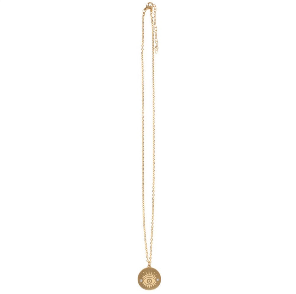 All Seeing Eye Necklace - full length gold chain on white background