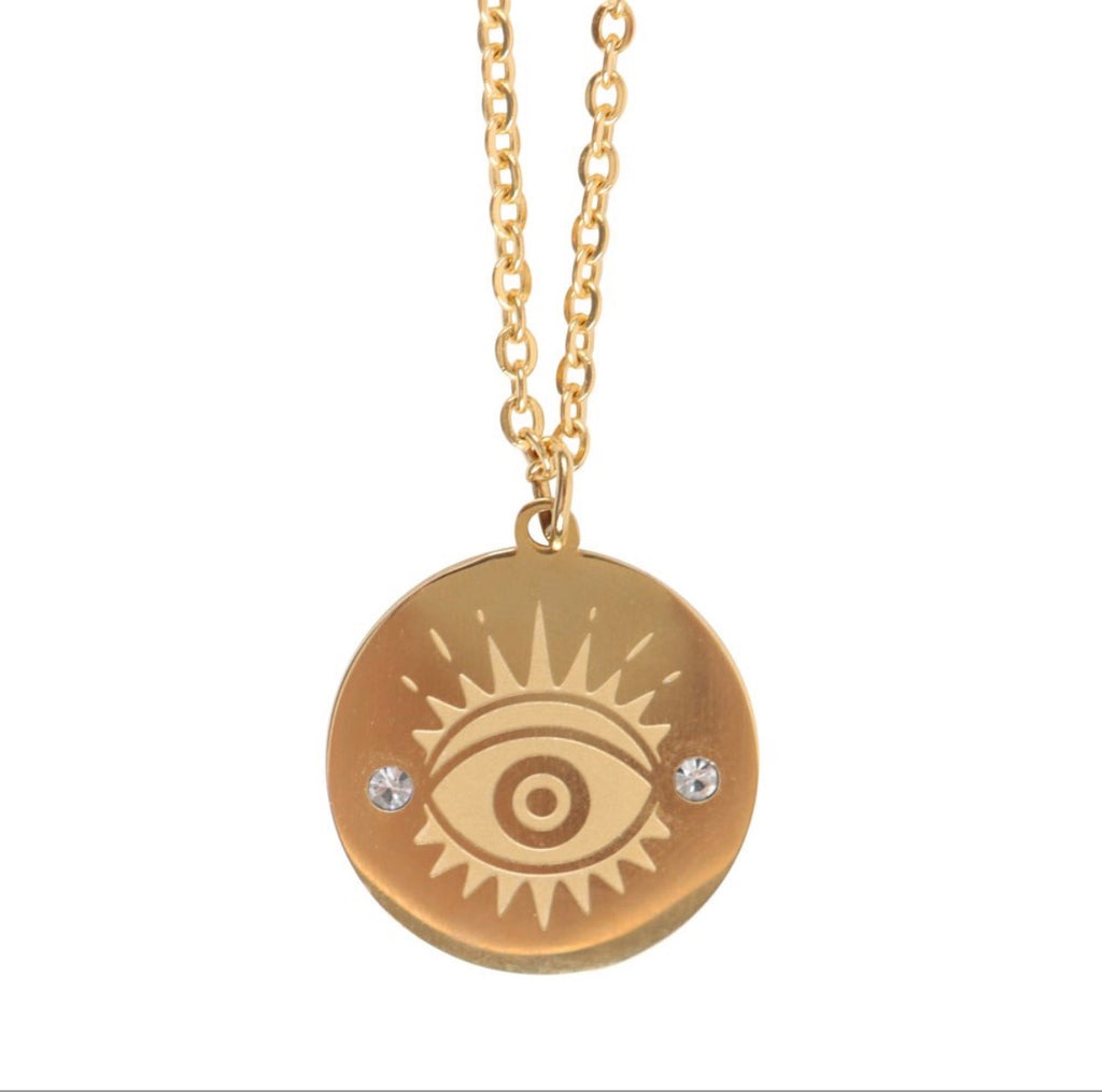 All Seeing Eye Necklace - close up of gold coin pendant with crystal accents