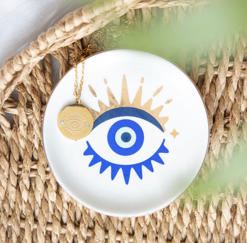 All Seeing Eye Necklace and Jewellery Dish Gift Set - lifestyle shot on rattan surface