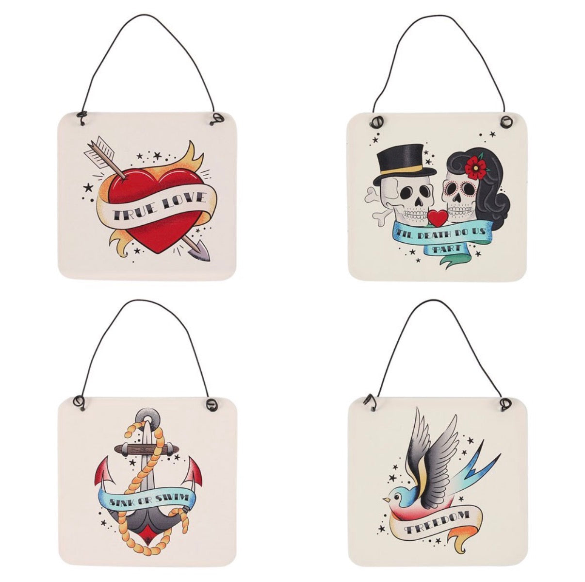 Tattoo Flash Art Hanging Plaques - all 4 designs: True Love, Til Death Do Us Part, Sink or Swim, Freedom