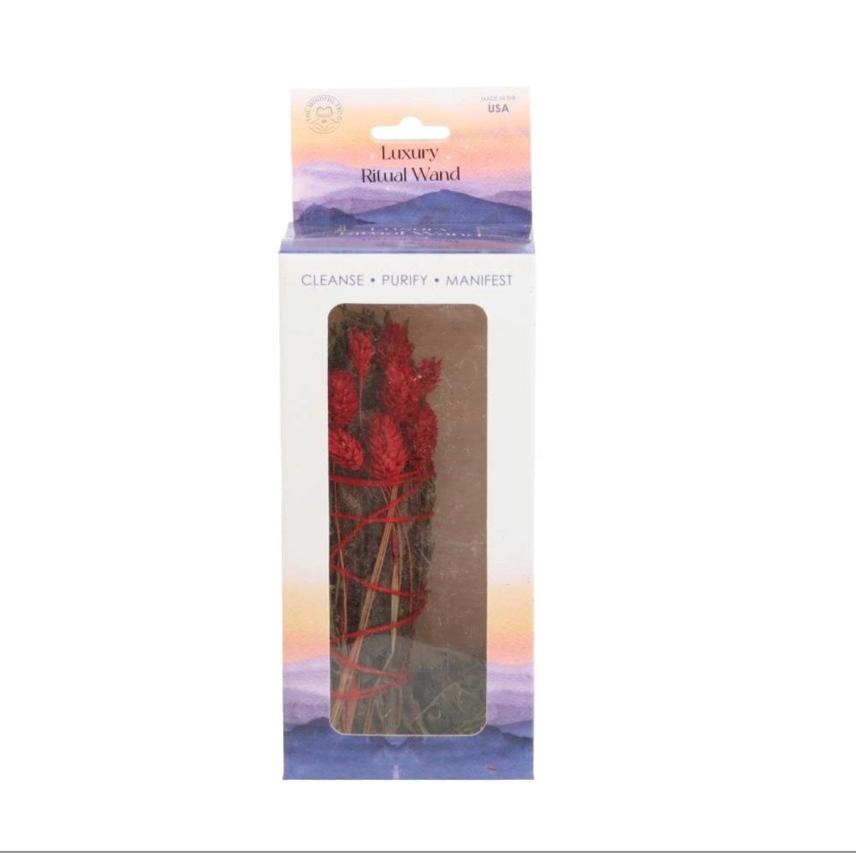 Luxury Ritual Wand Smudge Stick Rosemary & Red Botanicals - front view in luxury gift box