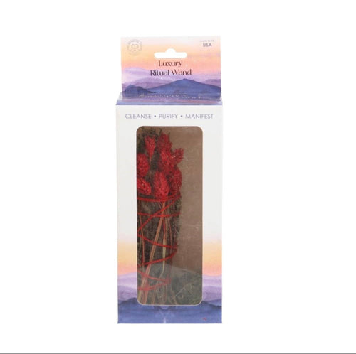 Luxury Ritual Wand Smudge Stick Rosemary & Red Botanicals - front view in luxury gift box