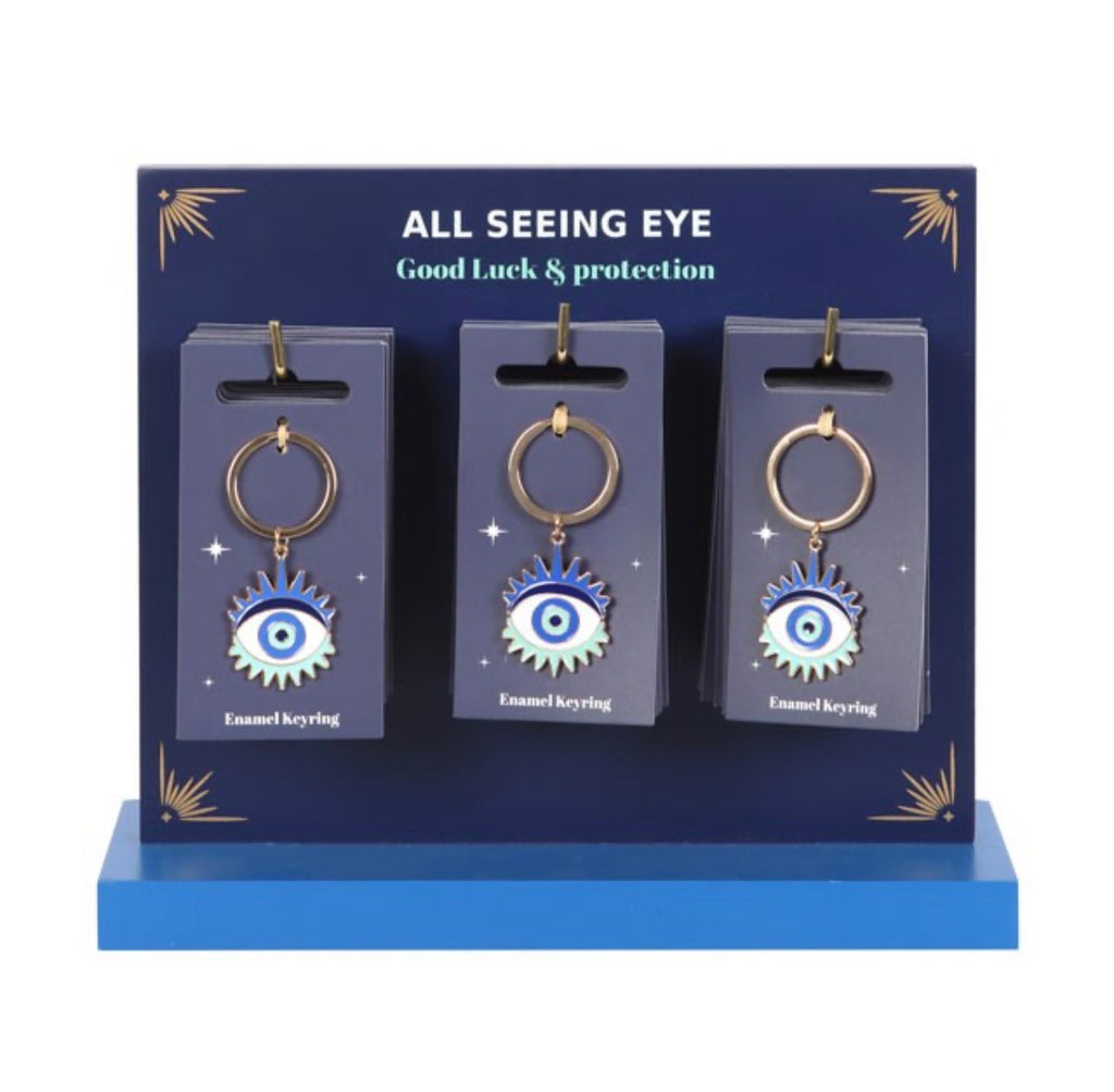 All Seeing Eye Enamel Keyring - display stand showing 3 keyrings