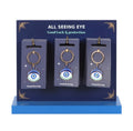 All Seeing Eye Enamel Keyring - display stand showing 3 keyrings