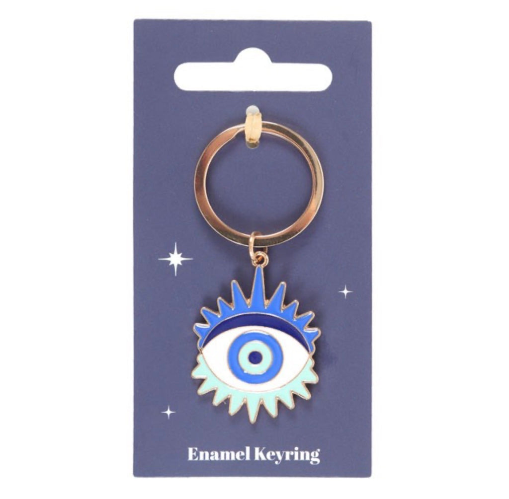 All Seeing Eye Enamel Keyring - single keyring on navy card packaging