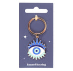 All Seeing Eye Enamel Keyring - single keyring on navy card packaging